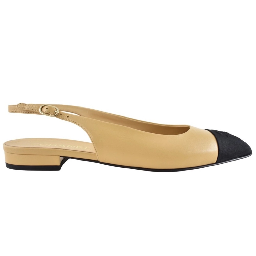 Chanel 24A Beige Leather Black CC Logo Coco Slingback Pointed Ballet Flat 40